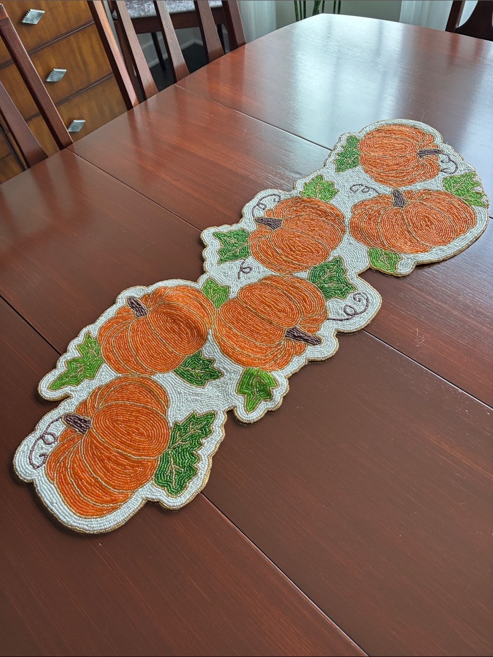 At Home Beaded Fall/Thanksgiving/pumpkin table runner,elegant,dine,hand crafted